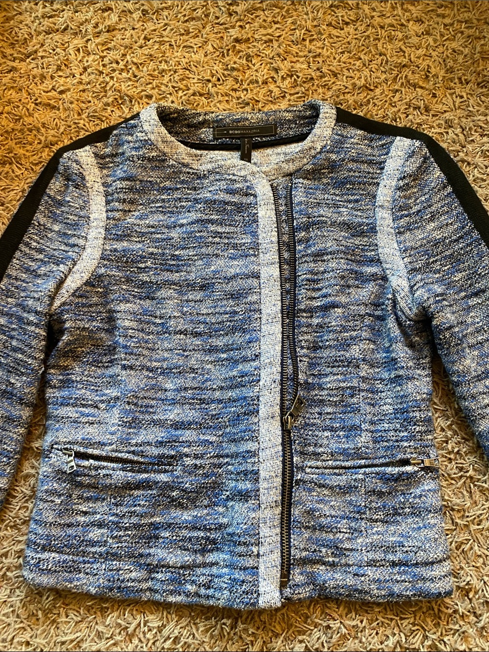 BCBGMaxAzria Blue Heather Zip-Front womens Jacket with Black Trim XS